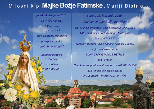 Milosni kip Gospe Fatimske u Mariji Bistrici - raspored bogoslužja